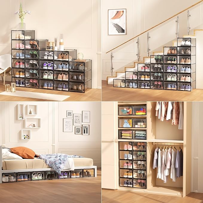 Secret Space 12 Pack XXX Large Shoe Organizer Storage Boxes for Closet, Modular Space Saving Shoe Boxes Clear Plastic Stackable Sneaker Containers Display Case with Lids, Black05