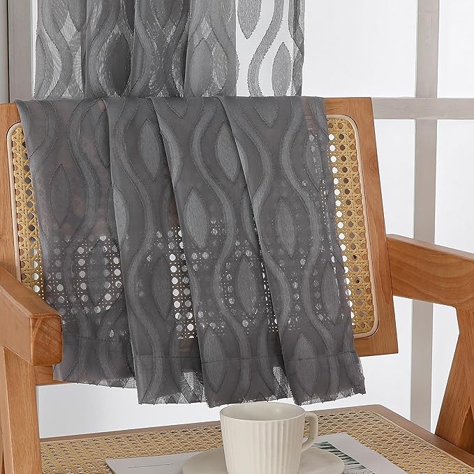 Aiyufeng Charcoal Grey Sheer Curtains 84 Inches Long 2 Panels, Solid Airy Light Filtering Window Treatments for Bedroom Living Room, Modern Wavy Line Rod Pocket Curtains, Total 80 inches Width