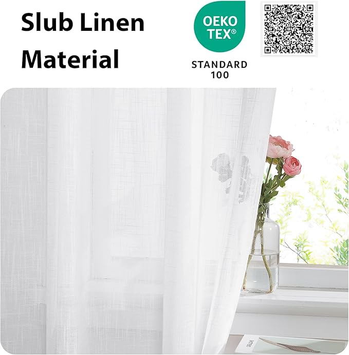 NICETOWN Linen French Door Curtain, White Semi-Sheer Door Curtain 72 Inches Long Drape Rod Pocket 1 Panel, Light-Filtering Privacy Window Decor, 1 Tieback Included, 26 Inches Wide