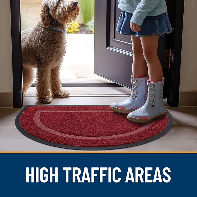 OLANLY Half Circle Door Mat Indoor Outdoor Entrance Welcome, Waterproof All-Season, All-Weather Doormat, Sturdy Natural Rubber, Low Profile, Easy Clean Patio Porch Entryway Mat, 47x23, Wine Red