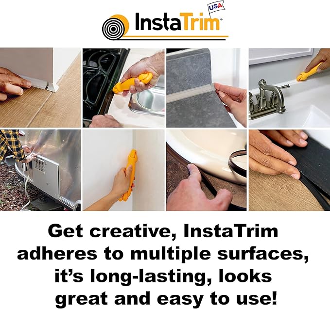 InstaTrim The Original Flexible Trim - 50ft Black 1/2" Wide Caulk Tape - Adhesive Trim with Many Uses Including Caulking for Bathtubs, Sinks, Counters, Tile, Floors - Made in USA
