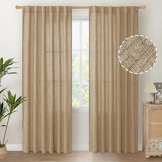 YoungsTex Toffee Linen Curtains 84 Inch Length 2 Panels for Farmhouse Living Room, Light Filtering Back Tab Burlap Textured Window Drapes for Bedroom Rod Pocket Rustic/Country, 52 X 84 Inch
