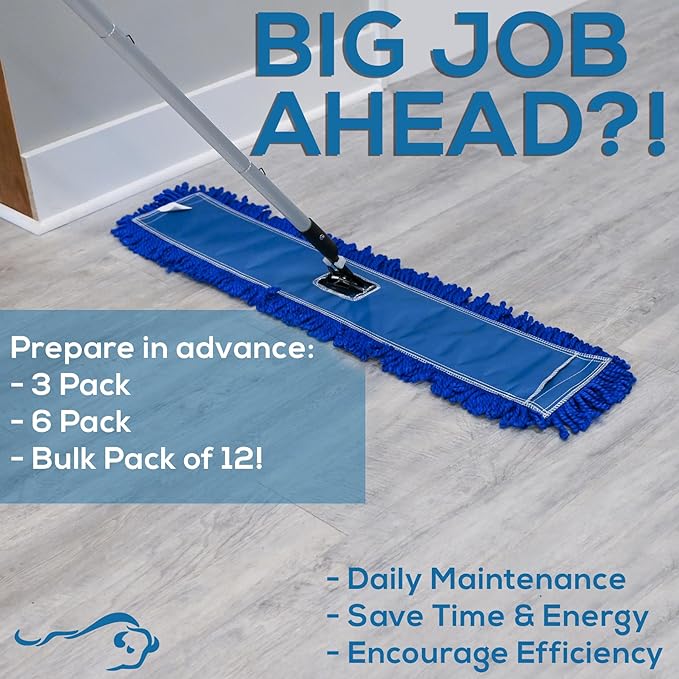 KLEEN HANDLER 6 Pack of 36 Inch Microfiber Dust Mop, Large Washable Commercial Mop Head Replacement, Sweeper, Janitorial Supplies, Blue