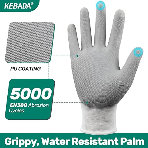 Kebada W1 Work Gloves for Men and Women, 12 Pairs Touchscreen Safety Gloves with Grip, PU-Coated, Ideal for Light & Medium Duty Tasks, White, Medium