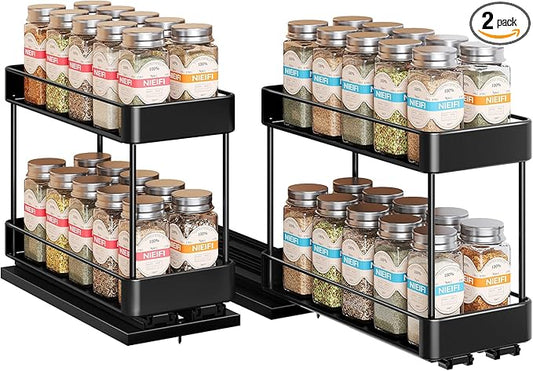 Nieifi Spice Rack Organizer for Cabinet, Vertical Spice Rack Pull Out, Easy to Install, Metal, 4.5''Wx10.35''Dx8.4''H, 2 Pack, 2 Tiers(Black)