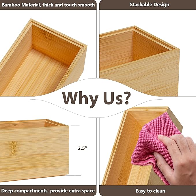 Kitchen Drawer Organizer Bins, Stackable Bamboo Deep Drawer Organizer for Silverware, Utensils, Cutlery, Flatware, Junk Drawer, Dresser, Bathroom, 6" x 3" x 2.5" (Set of 2)