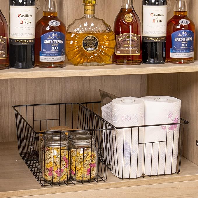 16" L x 12" W Wider Freezer Storage Organizer Baskets Container, Deep Metal Wire Chest Upright Refrigerator Divider Bins with Built-in Handles for Cabinet, Pantry, Kitchen, Black