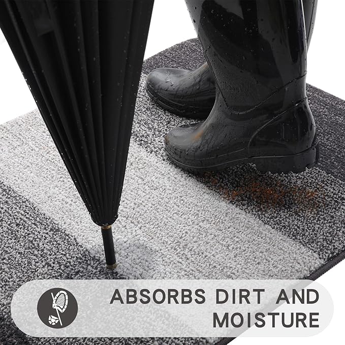 Kitinjoy Indoor Outdoor Door Mat, 30x17 Non-Slip Absorbent Dirt Trapper, Low-Profile Washable Inside Entrance Front Floor Mat, Sturdy Soft Entry Doormats for Entryway, Grey