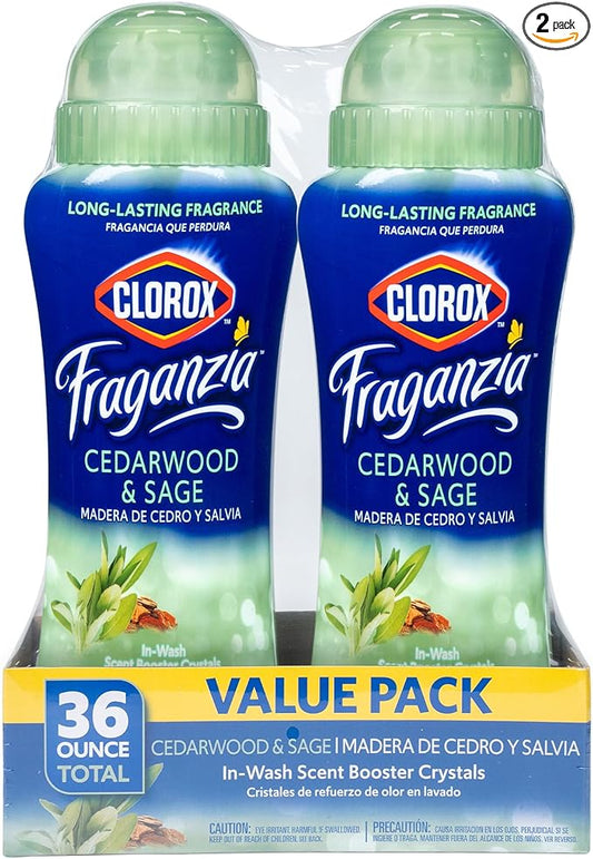 Clorox Fraganzia Laundry Scent Booster Crystals in Cedarwood & Sage Scent - Scented In-Wash Freshener Beads for Fresh, Clean, Great Smelling Clothes and Linens, 18 Oz - 2 Pack