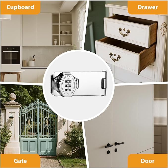 Cozy Tower 4 inch 180 Degrees Hasp Combination Lock for Cabinet, Combo Latch Lock for Cupboard, Drawer, Closet Door, Garage Fence Shed Door (Chrome, 2 Pack)