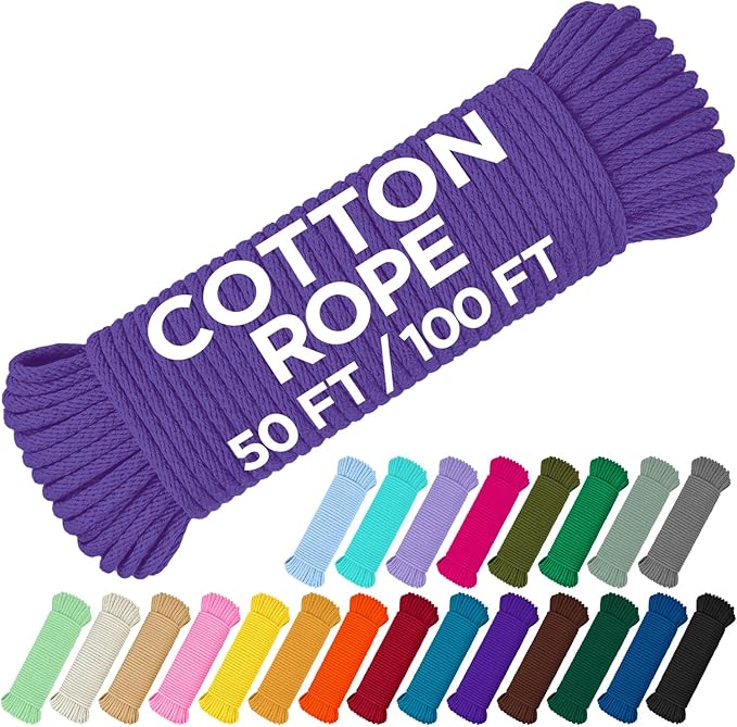 TECEUM Cotton Rope 3/16” (5 mm) – 50 FT – Strong All-Purpose Braided Rope – Natural Cotton – for Crafting, Сamping, Clothes Line, DIY, Indoor & Outdoor Use – Purple