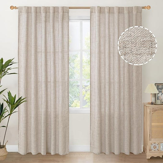 YoungsTex Natural Linen Curtains 84 Inch Length 2 Panels Rod Pocket Light Filtering Textured Window Drapes with Ring Clips for Living Room Dining Bedroom, 38 X 84 Inches