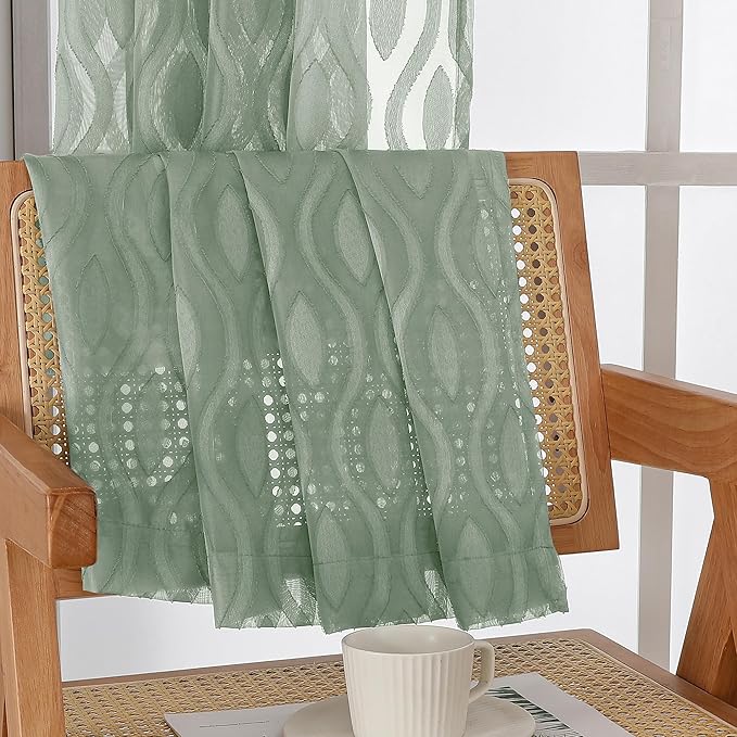 Aiyufeng Sheer Green Curtains 54 Inch Length 2 Panels, Soft Lightweight Clip Jacquard Textured Farmhouse for Bedroom, Modern Wavy Line Voile Sheer for Living Room, 40" Wx54 L Inches