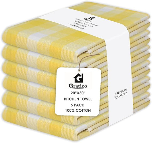 Kitchen Towels Set of 6 Yellow/White Checks 20x30 Inches 100% Cotton Highly Absorbent Kitchen Towels Premium Quality Ultra Soft Mitered Corners