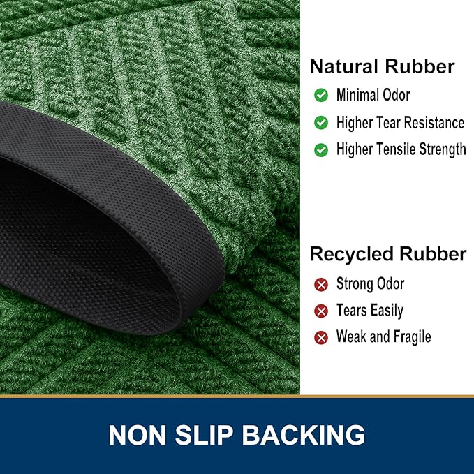 Smiry Front Door Mat Outside Entrance, Heavy Duty Outdoor Indoor Mat, Natural Rubber Doormat, Non Slip, Trap Dirt and Moisture, Easy Clean, Low Profile Patio Porch Entryway Mat, 35x23, Green