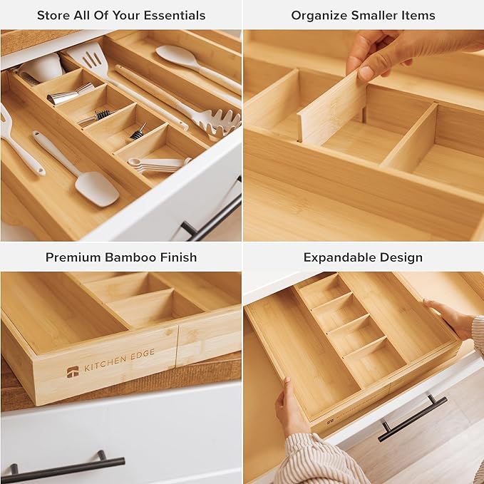 KitchenEdge Adjustable Kitchen Drawer Organizer for Utensils and Junk, Food-Safe Contract Grade with 100% Sustainable Wood, Expandable from 16 to 28 Inches Wide - Natural Bamboo