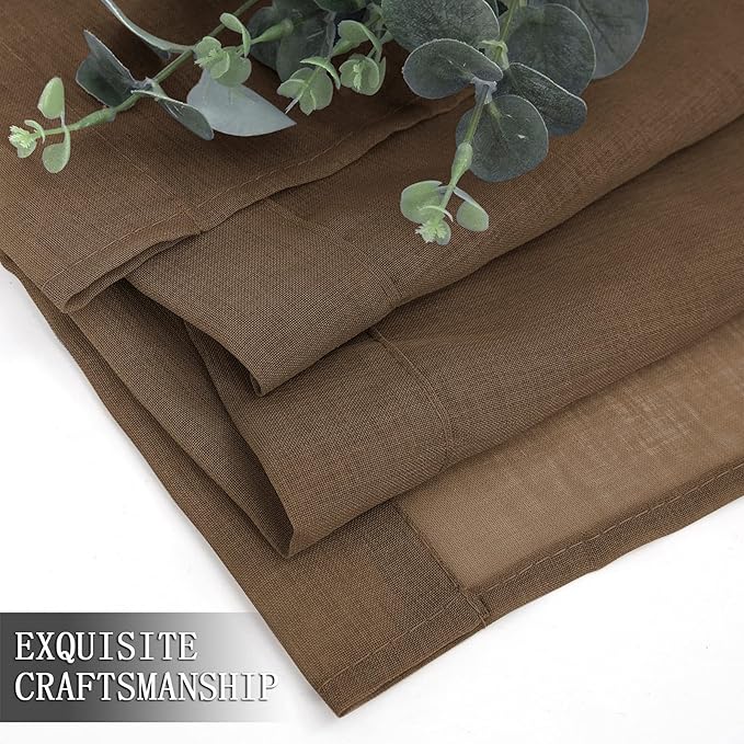 Tollpiz Sheer Curtains Linen Textured Bedroom Curtain Sheers Light Filtering Rod Pocket Voile Curtains for Living Room, 54 x 63 inches Long, Brown, Set of 2 Panels