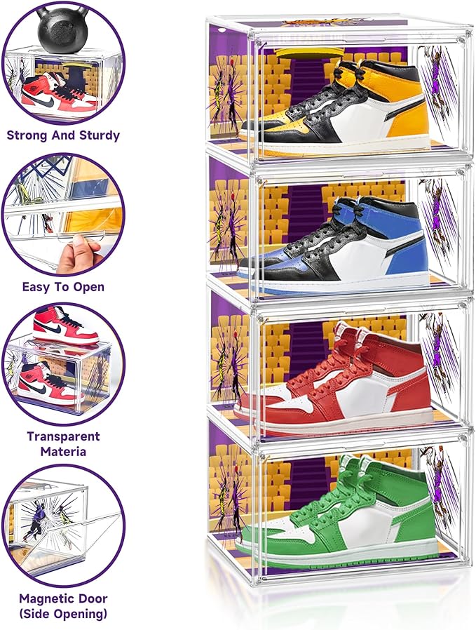 Acrylic Shoe Box Clear Plastic Stackable Storage Boxes with Magnetic Door Sneaker Storage Shoe Rack for Closet Drop Side Shoe Containers for Entryway