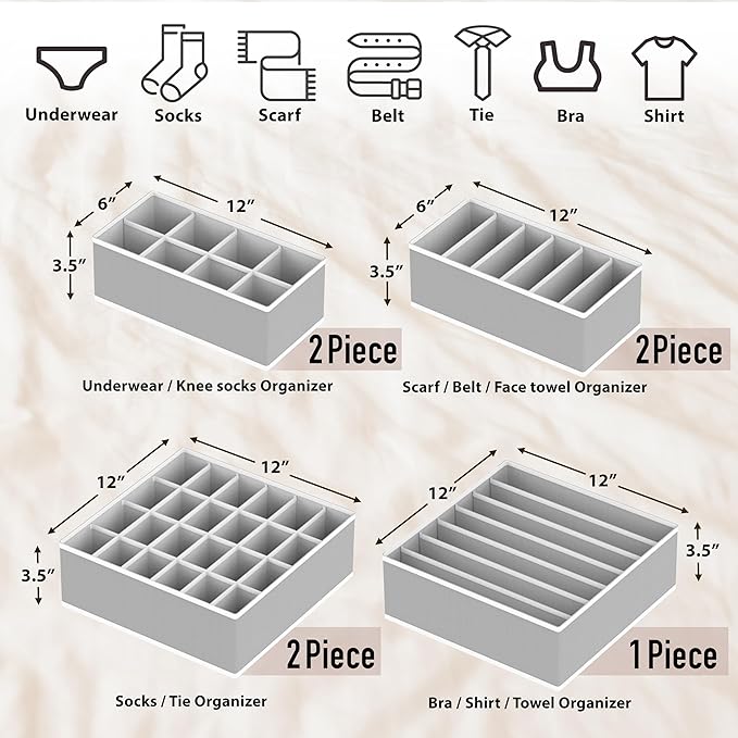 SIMPLE HOUSEWARE Closet Underwear Organizer Drawer Divider Assorted 7 Pieces, Gray