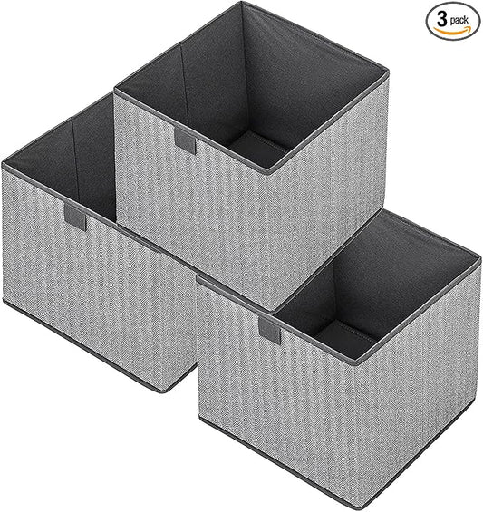 Storage Baskets, 11.8-Inch Woven Fabric Bins, Storage Cubes with Reinforced Handles, Organizer Bins for Closet Shelves, Foldable, for Toys, Clothes, Natural Beige (3PCS/Grey-11.8*11.8*11.8inch)