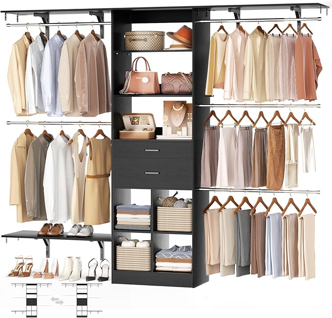 Closet System - 4.75-8FT Closet Organizer System with Wooden Drawers & Cube Storage Organizer, Up To 96" Closet Systems for Nursery & Walk-In Closets with Cuttable Hanging Shelving, Black