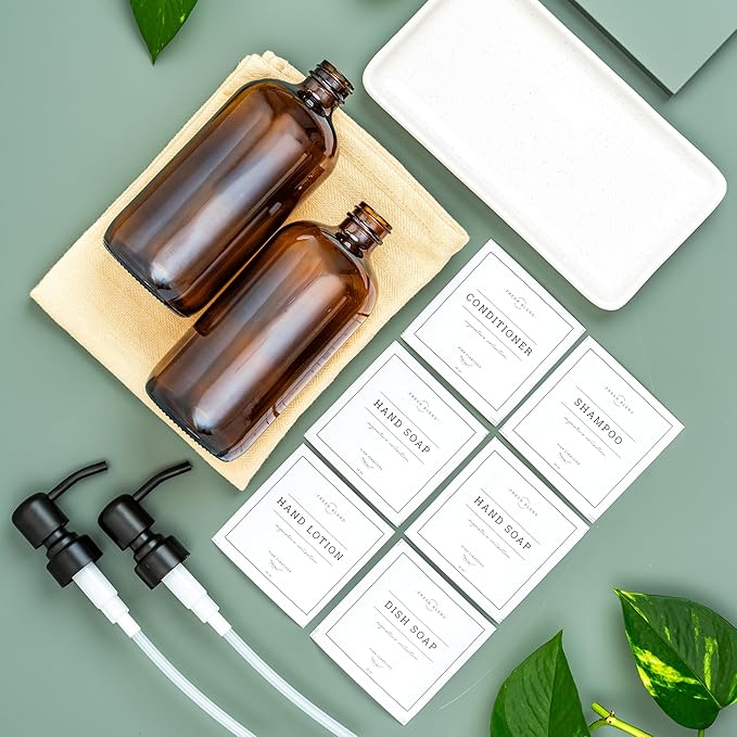 Vine Creations Amber Glass Soap Dispenser, 2 Pack Kitchen Soap Dispenser Set with Ceramic Tray, Stainless Steel Pump, Dish Soap and Hand Soap Dispensers for Bathroom Decor with Waterproof Labels