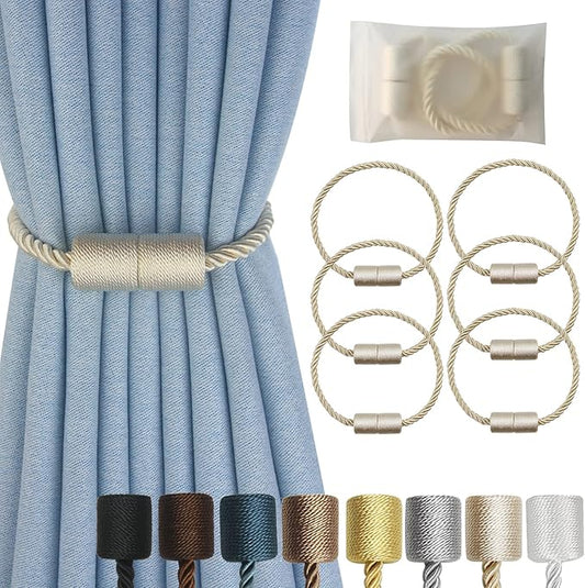 Magnetic Curtain Tiebacks 6 Pack Beige Curtain Rope Tieback Curtain Holders for Drapes Modern Tie Backs Decorative Curtain Holdbacks