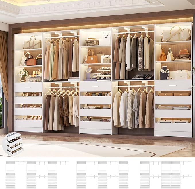 Aheaplus Closet System Set of 3, 138.5" Wood Closet Organizer System Tower with 12 Drawers & 4 Hanging Rods, 6.7+4.85Ft L Shaped Walk-in Closets Wardrobe Organizer Garment Rack with Shelves, White