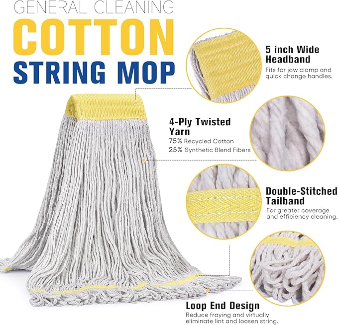 Matthew Cleaning Commercial Mop Head Replacement, 5 Inch Wide Headband, Looped End Cotton Blend String Wet Mops for Floor Cleaning, 24 oz Large, 3-Pack White