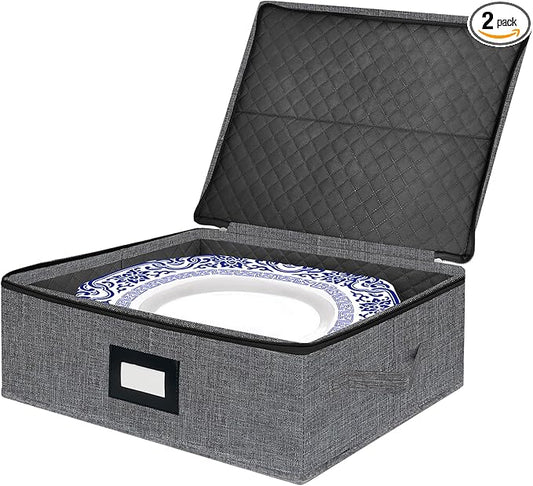 Platter Storage Case - Stackable China Storage Containers Hard Shell with Durable Zipper & Label & Sturdy Handles, 5.3” Height, Structured Top, 4 Felt Dividers Included (Dark Gray)
