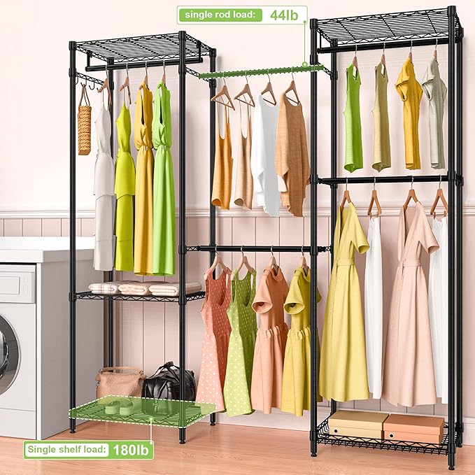 Heavy Duty Clothes Rack, Freestanding Garment Rack System Closet Organizer for Hanging Clothes, Metal Wire Clothing Rack with 5 Shelves & 5 Rods,Adjustable Wardrobe Shelf,Black