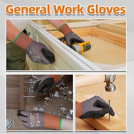 Schwer 6 Pairs Safety Work Gloves with Sandy Nitrile Coating LT5626, Max Abrasion Resistance Heavy Duty Gloves with Grip for Men and Women, Ideal for General Use, Mechanic, Construction, Gardening, XL