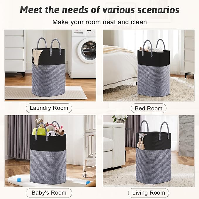Laundry Basket,Woven Cotton Rope Laundry Hamper,Versatile Storage for Dirty Clothes,Baby Toys,and Blankets in Bathroom, Nursery,and Living Room (Black, 60L)