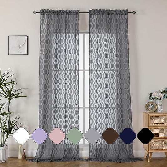 Aiyufeng Extra Long Grey Sheer Curtains 96 Inches Long for Bedroom 2 Panels Set, Farmhouse Wavy Line Light Filtering Clip Jacquard Solid Voile Living Room Curtains, Dual Rod Pocket, 40" Wx96 L Inches