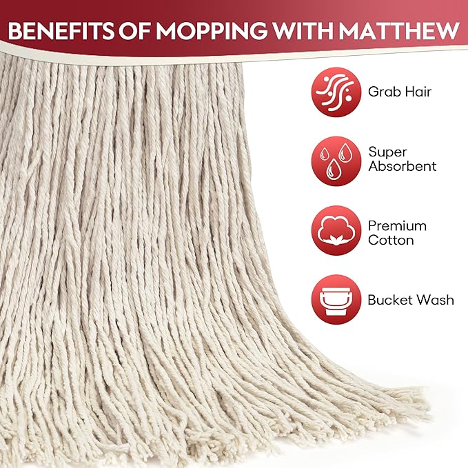 Matthew Cleaning 16oz 3Pack Cotton Floor Mop,Cotton Looped-Open String Heavy Duty String Refills, Universal Headband Blend,Mop Head Replacement for Home, Industrial and Commercial Use(White)