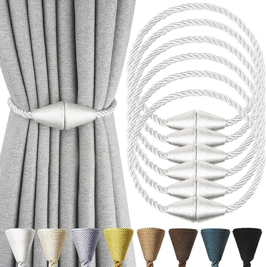 6 Pack Magnetic Curtain Tiebacks Rope Modern Handmade Curtain Tie Backs Decorative Drapes Weave Holdbacks for Window Décor, Silver