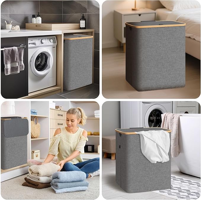 BALEINE Laundry Hamper with Lid, Tall Laundry Baskets with Bamboo Pull Handles, Large Laundry Bin with Internal Support (18 Gal/70L, Black)