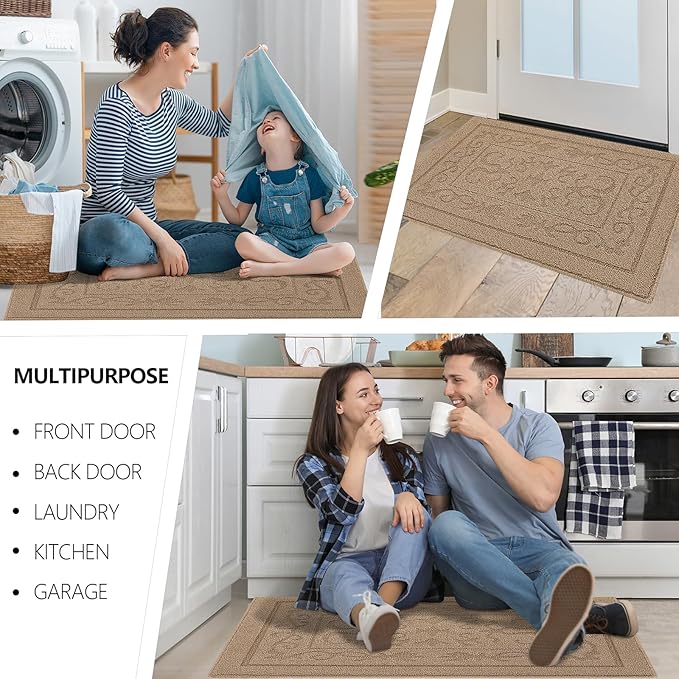 FONEYI Indoor Door Mat 24" x 36", Dirt Trapper Door Mats Non-Slip Entryway Rugs Washable, Absorbent Resist Dirt Welcome Mat, Low Profile Inside Floor Mats for Front Back Door and Entryway, Beige