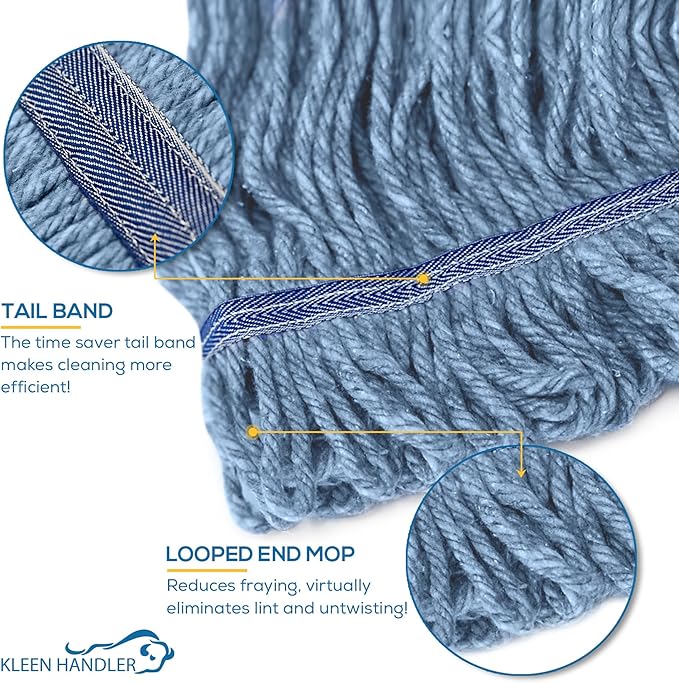 KLEEN HANDLER General Cleaning Mop Heavy Duty Commercial Replacement, Wet Industrial Blue Cotton Looped End String Head Refill (Pack of 3)