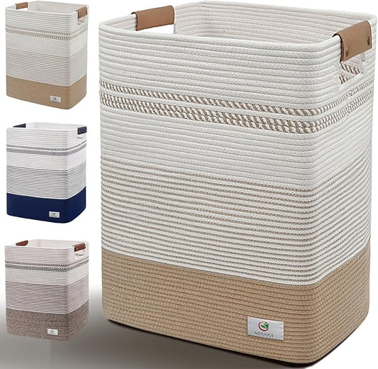 Laundry Hamper Large Laundry Basket with Leather Handles, Decorative Storage Cotton Rope Woven Basket for Blankets, Clothes Hamper for Living Room, Jute & White, 85L