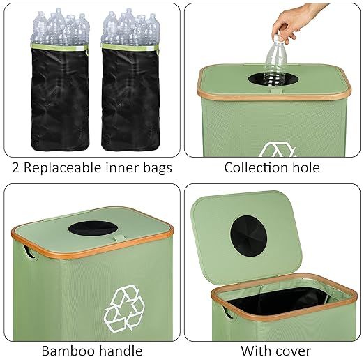 29 Gallons Recycling Bins for Kitchen, Indoor Recycle Bins with Lid, 110L Large Recycle bin with 2 Removeable Reusable Inner Bags, for Bottles Cans Glass Plastice Cartons(Green)