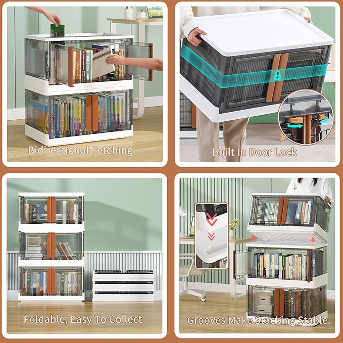 HAIXIN Storage Cabinet, Plastic Shelves Organizer, Folding Storage Box, Collapsible Totes For Storage, 8.4 Gal Clear Storage Bins, Stackable Under Bed Storage Container, 6 Pack Bookshelf