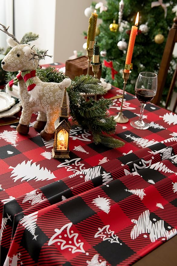 Waterproof Checkered Tablecloth Fabric - Rectangle 58x84 Inch Christmas Tree Table Cloth for Indoor/Outdoor Use - Xmas Table Cover for Kitchen, BBQs, and Parties