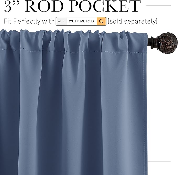 RYB HOME Small Curtains for Bathroom Windows, Blackout Blinds Shades for Bedroom Dorm Storage Cabinet Door Basement Farmhouse Decor, W 34 x L 36 inches, Stone Blue, 2 Panels