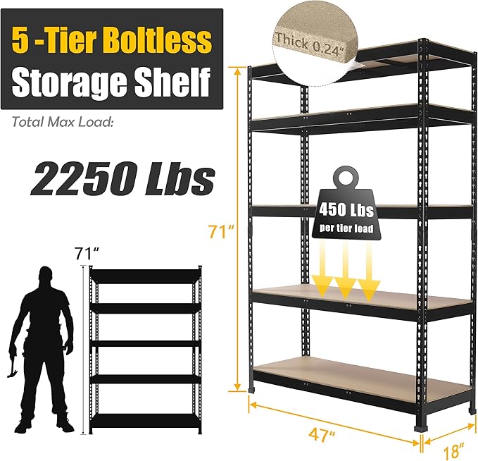 PrimeZone 6 Pack Heavy Duty Storage Shelves - 47" W x 18" D x 71" H 5 Tier Adjustable Garage Storage Shelving, Metal Storage Utility Rack Shelf Unit for Warehouse Pantry Closet Kitchen, Black