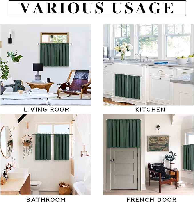 RYB HOME Dorm Curtains Room Darkening, 45 inch Length Privacy Window Treatment Thermal Insulated Covers for Shortage Room Studio Nursery, W29 x L45 inch, 2 Panels, Dark Green