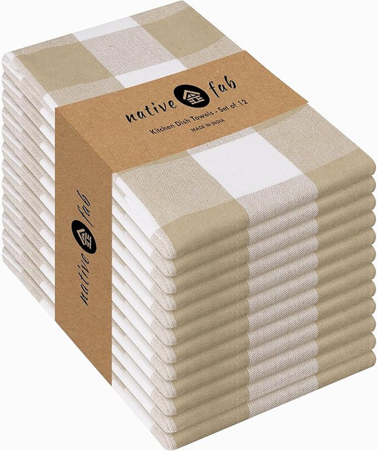 Native Fab 12 Pack Buffalo Check Kitchen Towel 16"x26" - Cotton Dish Towels Washable - Absorbent Tea Towels, Soft Hand Towel with Hanging Loop, Dish Cloth Set - Beige White