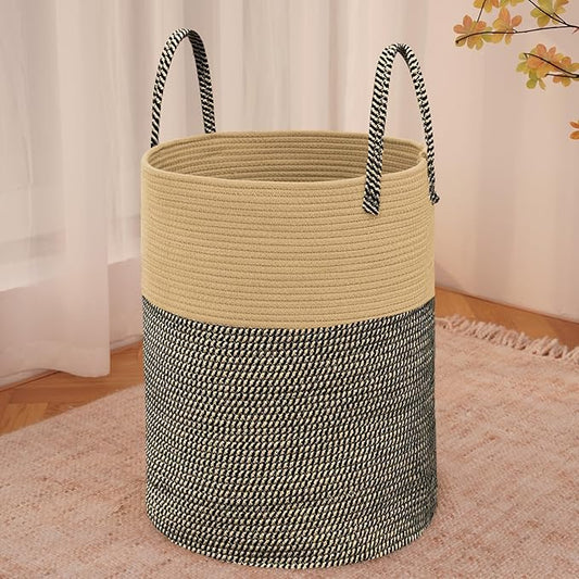 Large Woven Laundry Basket Hamper,100L Cotton Rope Storage Bin for Blankets,Toys and Clothes,Decorative Tall Nursery Hamper for Living Room,Baby Nursery,Bathroom and Bedroom,Brown and Black