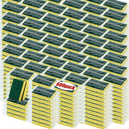 Tanlade 600 Pcs Individually Wrapped Dishwashing Sponge Bulk Non Scratch Scrub Sponges Kitchen Scouring Pad for Household Cleaning Rental Dishes Hotel Apartment Car (Yellow, Green)
