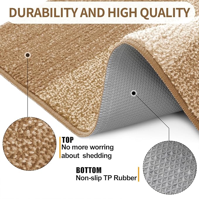 Kitinjoy Indoor Outdoor Door Mat, 48x32 Non-Slip Absorbent Dirt Trapper, Low-Profile Washable Inside Entrance Front Floor Mat, Sturdy Soft Entry Doormats for Entryway, Camel